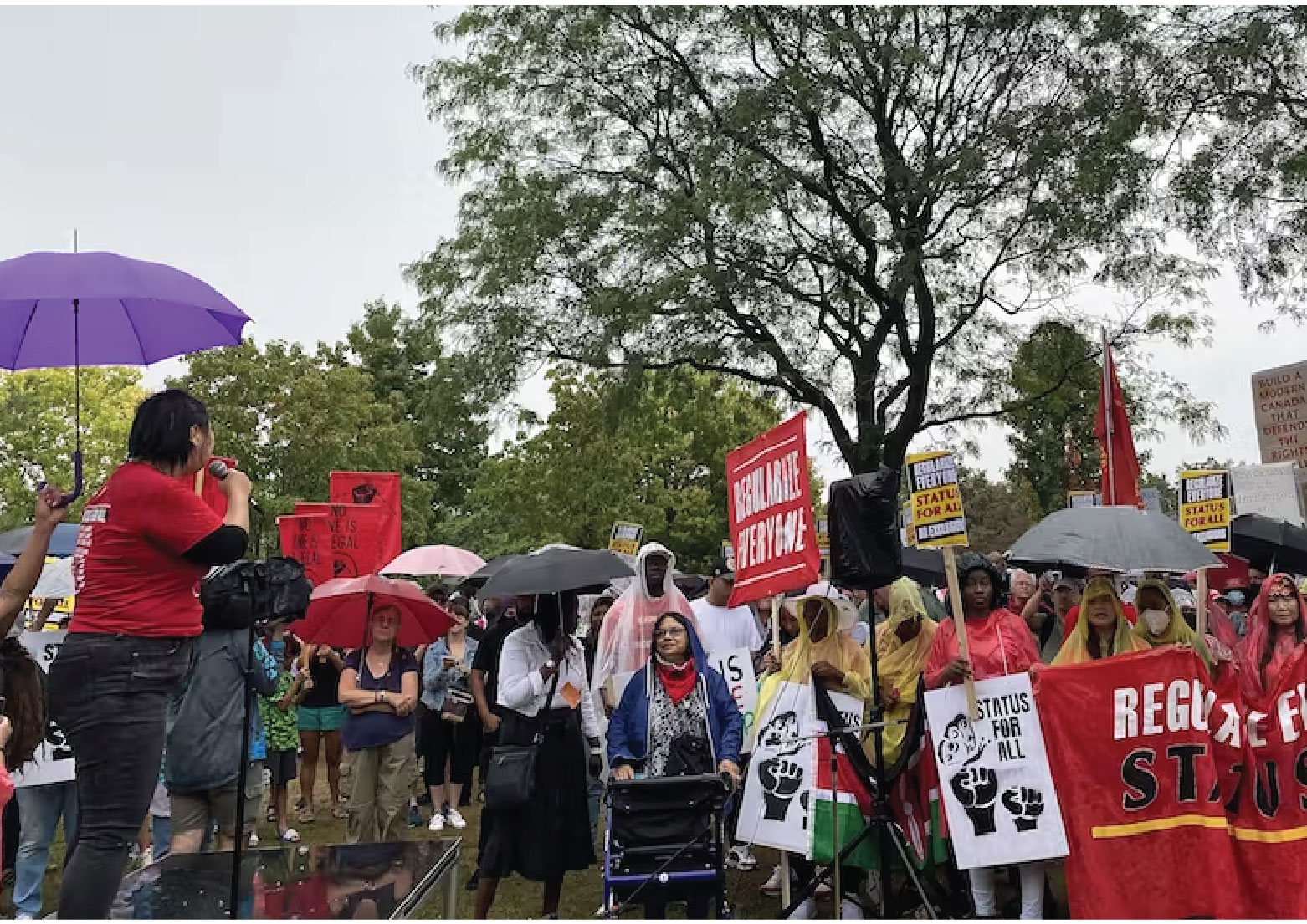 A rally for migrant rights in Christie Pits park in Toronto on Sept. 18, 2022, calling on the federal government to extend permanent status to undocumented people. THE CANADIAN PRESS/Holly McKenzie-Sutter