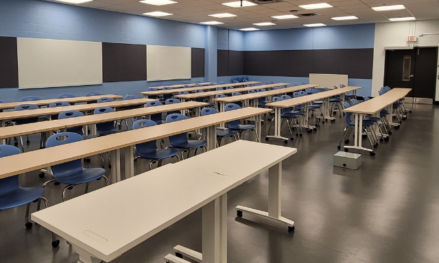 Student view of classroom in Eric Palin Hall following renovations