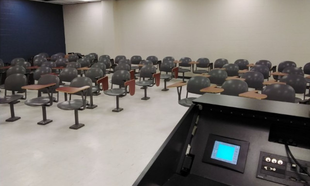 Student view of classroom in Eric Palin Hall prior to renovations