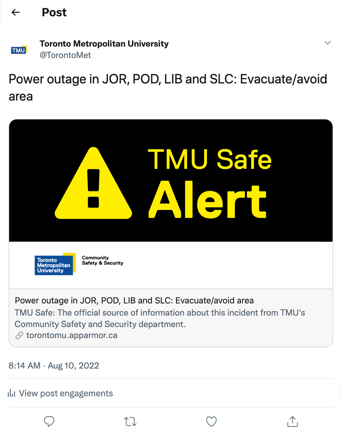 An X post from Toronto Metropolitan University with test alert content pointing to TMU Safe.