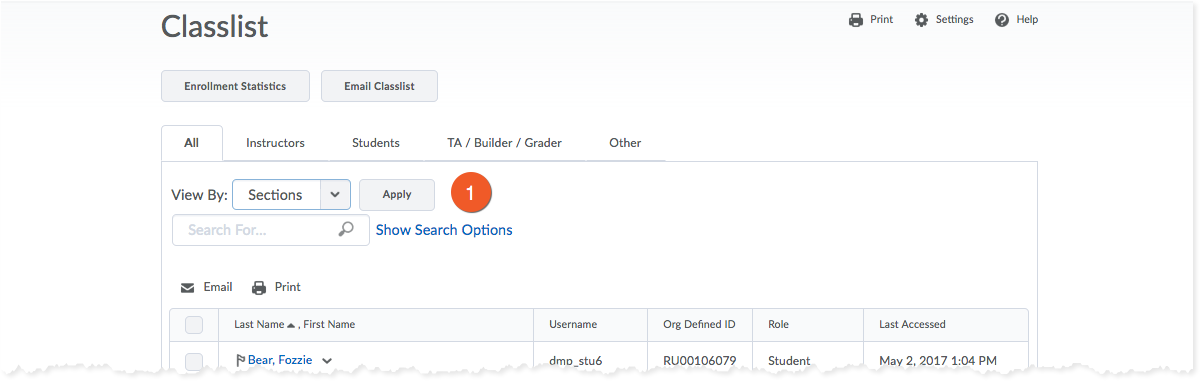 Viewing the classlist by section