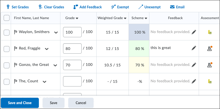 Grade students in a grade item
