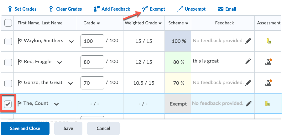 Exempt students from a grade item
