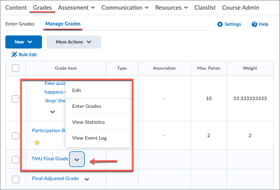 Access the menu for a specific grade item