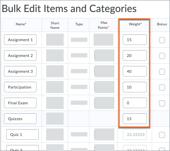 Enter the new weights for the top-level grade items and categories