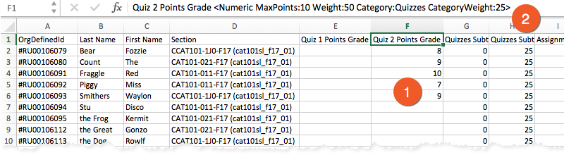 Enter grade items in spreadsheet