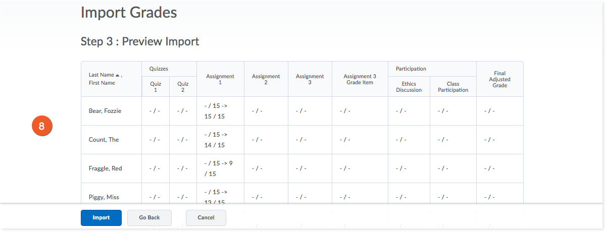 Enter grade items in spreadsheet