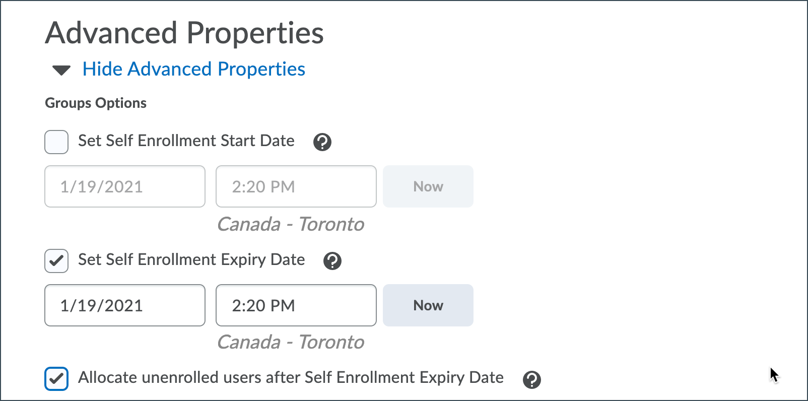 Set the dates to allow self-enrollment into the groups.