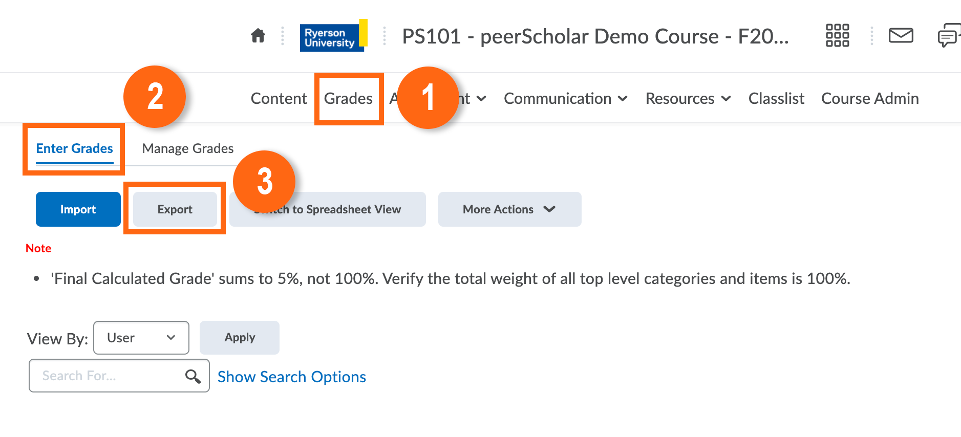 Grades, enter grades and export grades menu in D2L