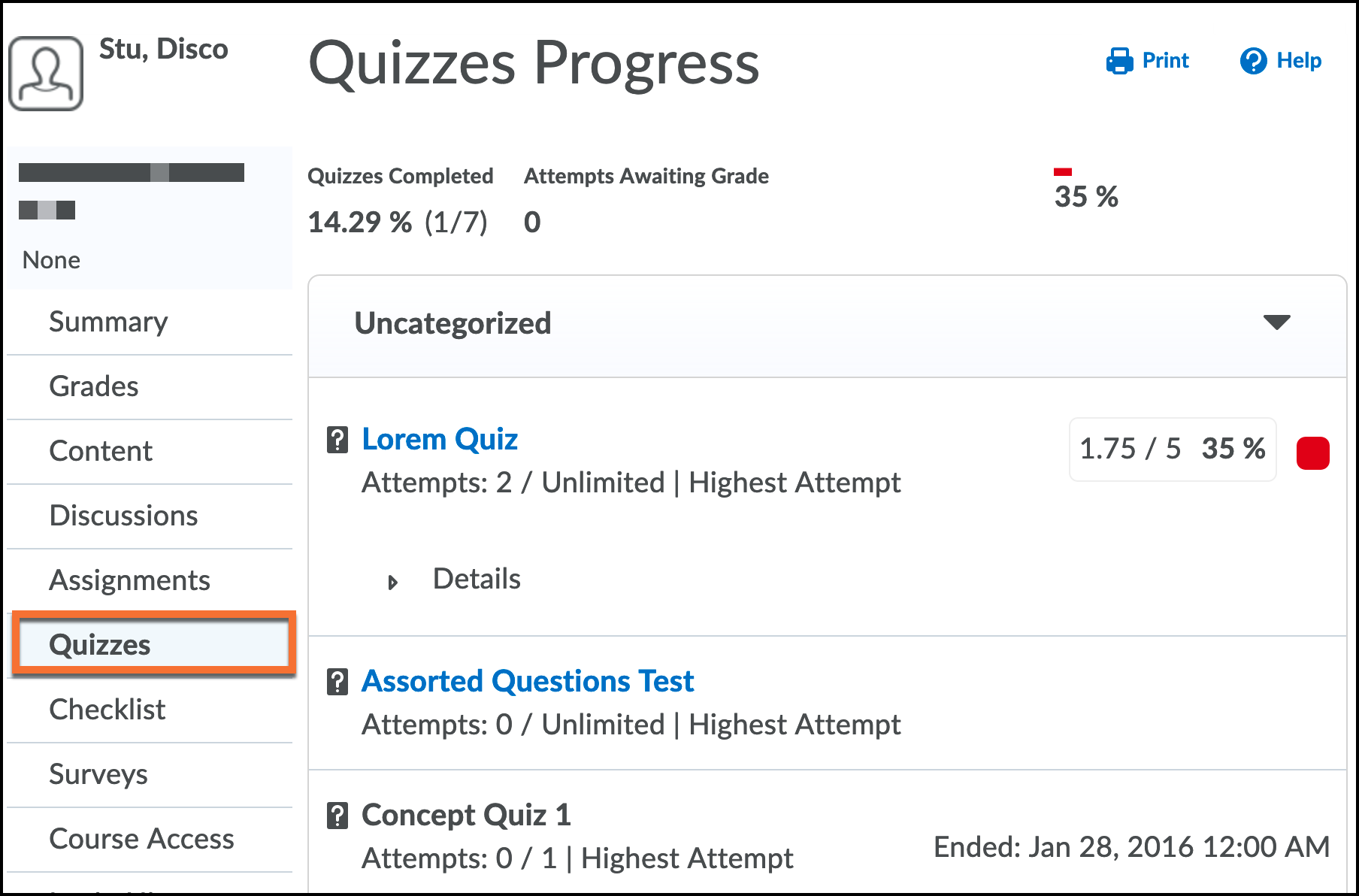 The Progress tool summary page for students