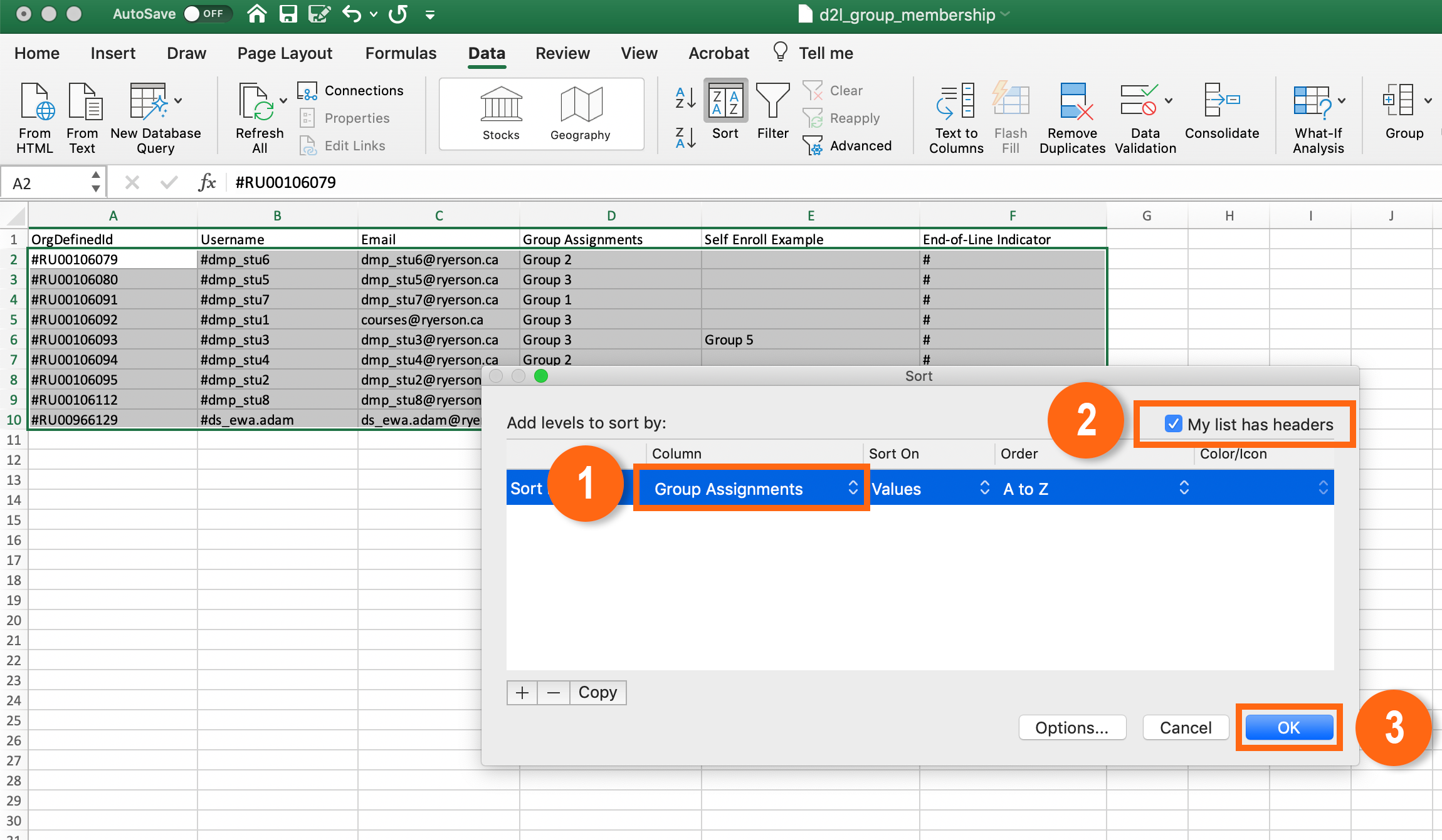 Sort data function menu