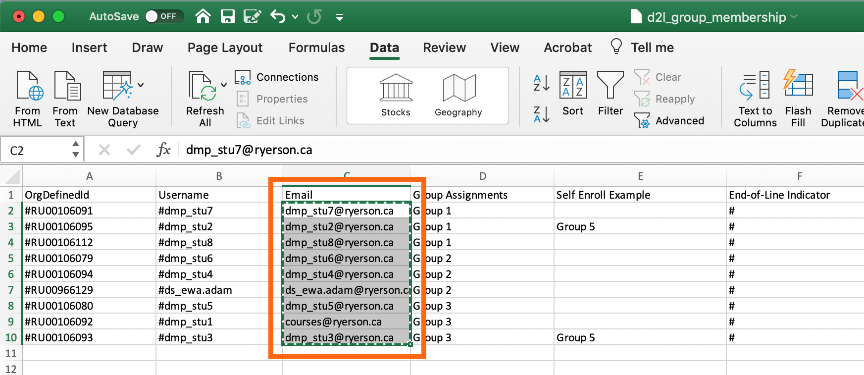 Copying email in D2L Spreadsheet