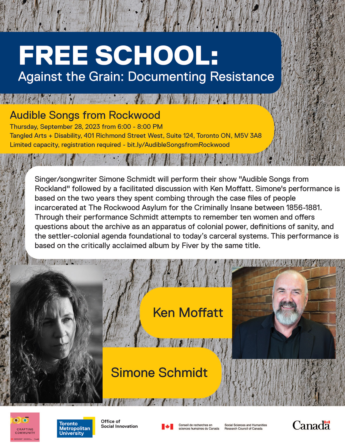 Free School : Against the Grain: Documenting Resistance. Flyer.