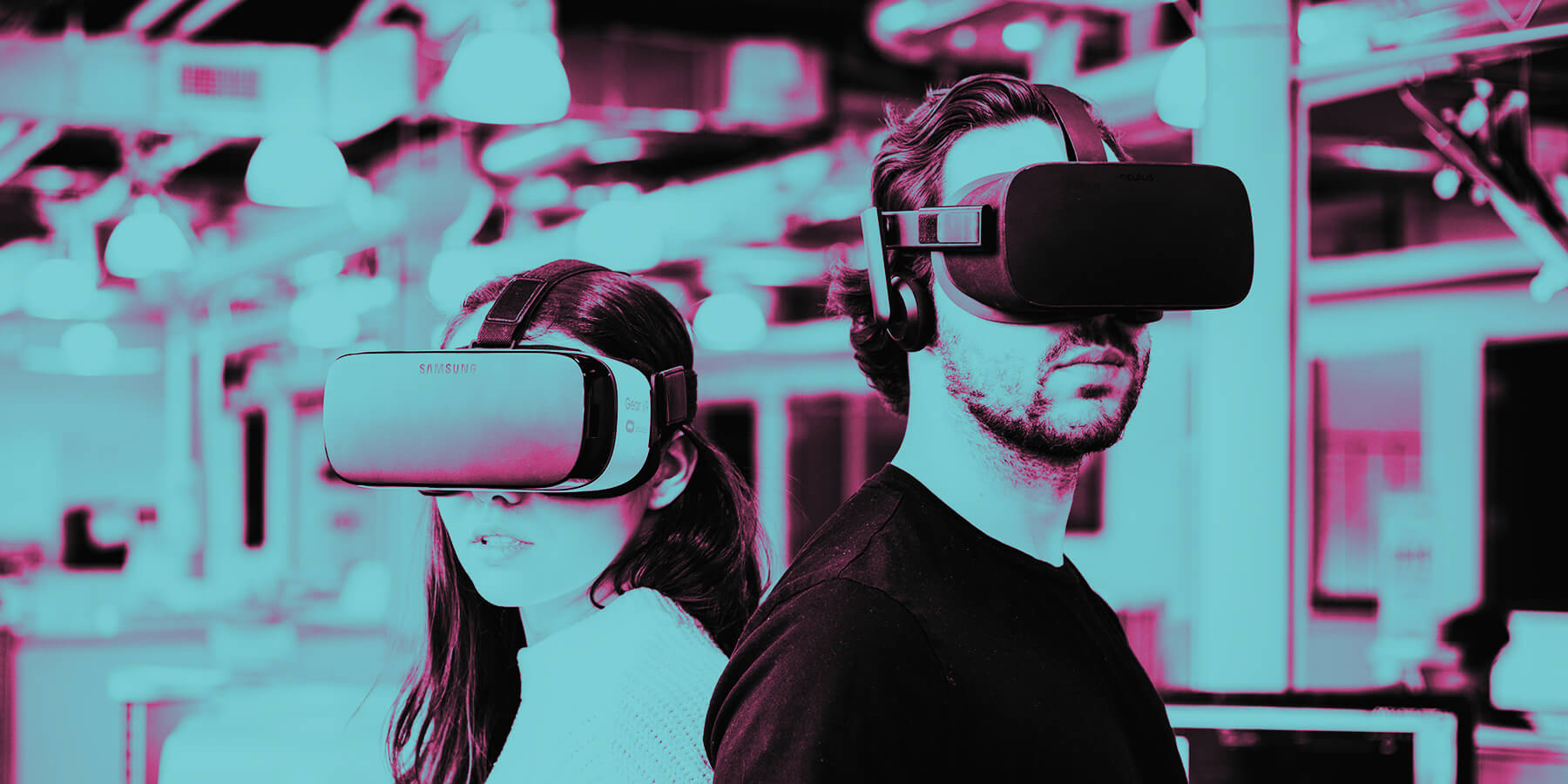 Two students wearing VR headsets