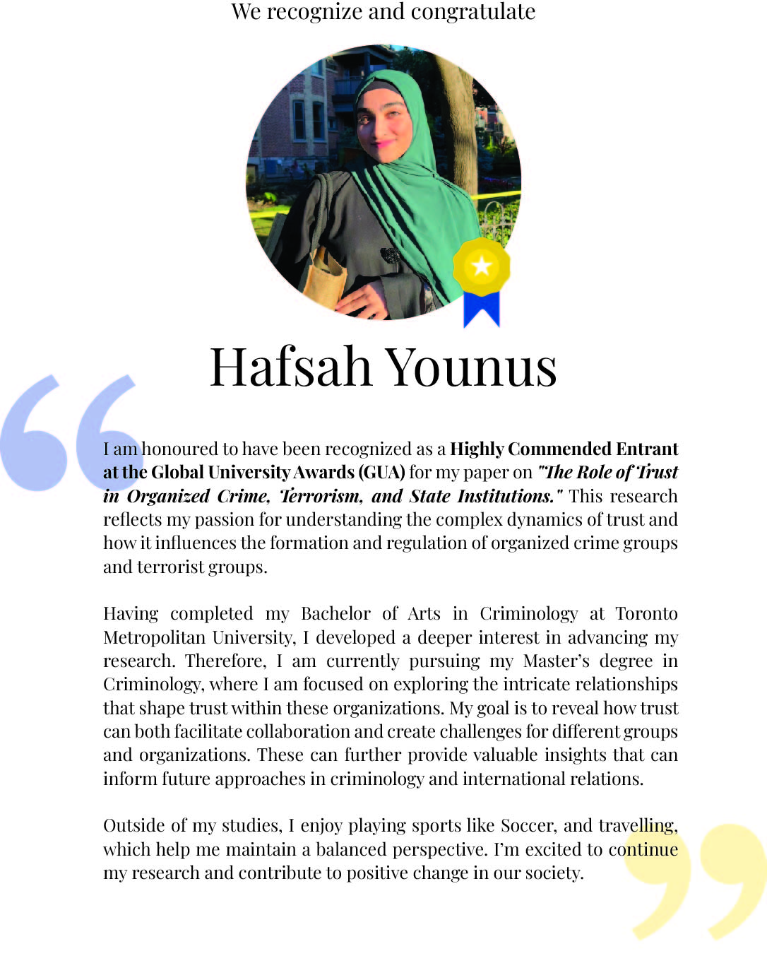 Award for Hafsah Younus