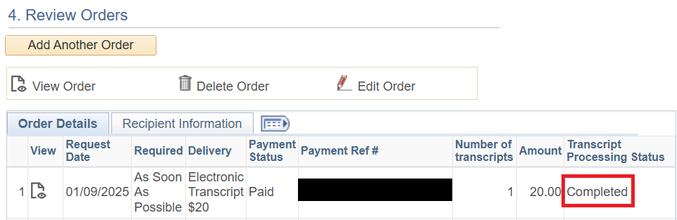 The Review Orders screen in MyServiceHub. Under the 'Transcript Processing Status' column, 'Completed' is highlighted.