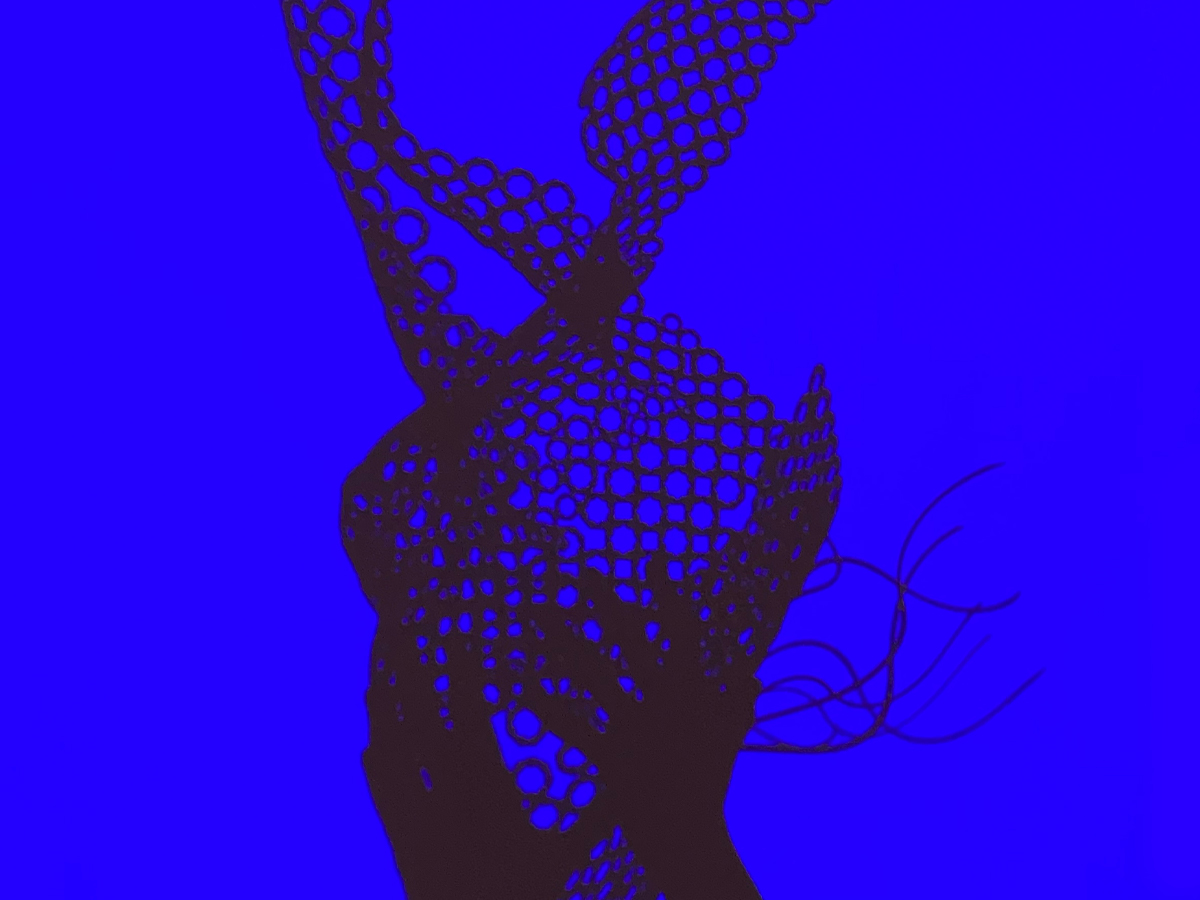 A sculpture of a portion of a female body cut out of plastic is in front of an intensely blue background.