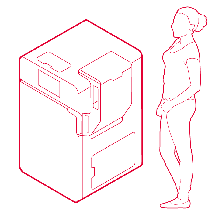 Line drawing of the Fuse 1 SLS 3D printer with human beside it for scale.