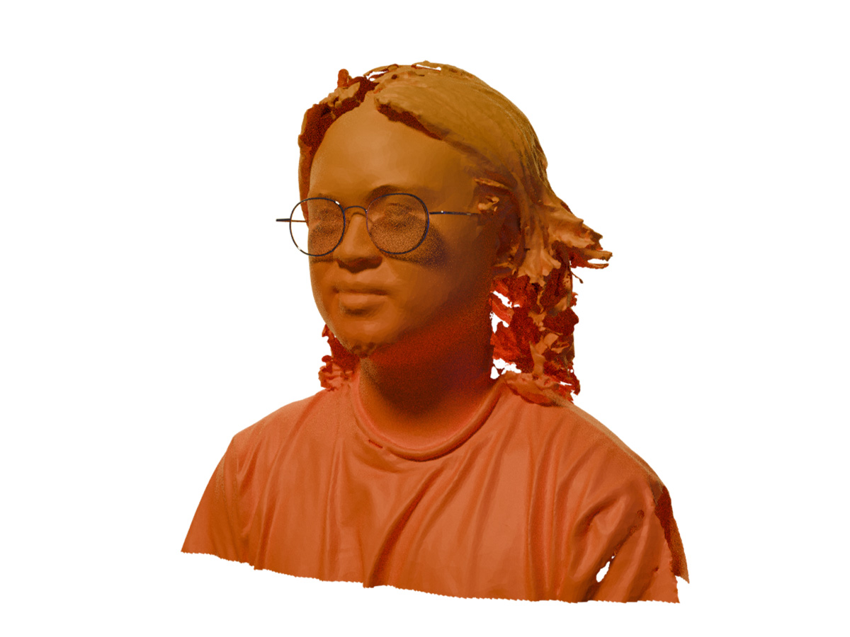 Orange coloured 3D scan of Arnel Espanol wearing thin round black glasses