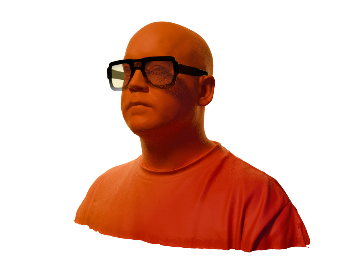 Orange coloured 3D scan of Jonathon Anderson wearing bold black glasses