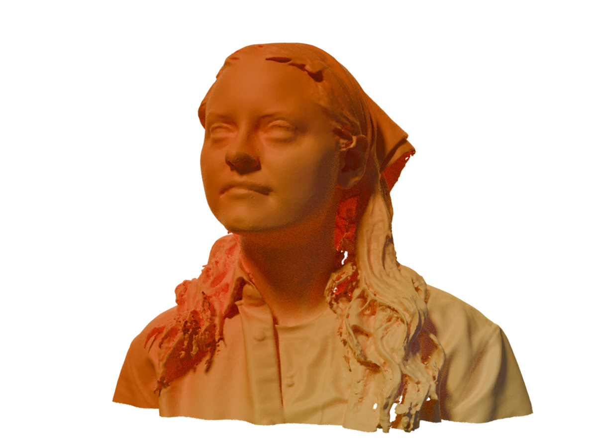Orange coloured 3D scan of Megan Schoeppichn wearing bold black glasses