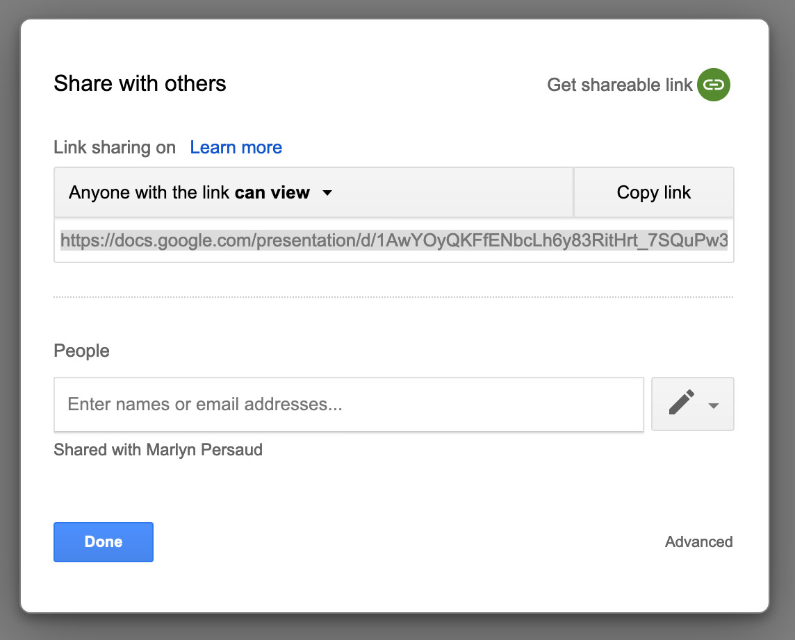 making google doc sharable by clicking on share link