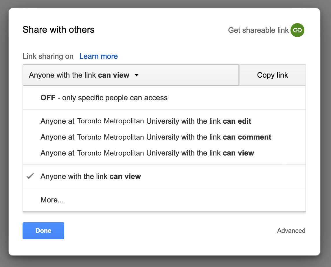 making google doc sharable by clicking on anyone can view option