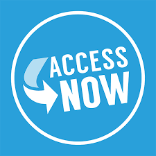 A blue background with a white circle with an arrow inside and text reads Access Now