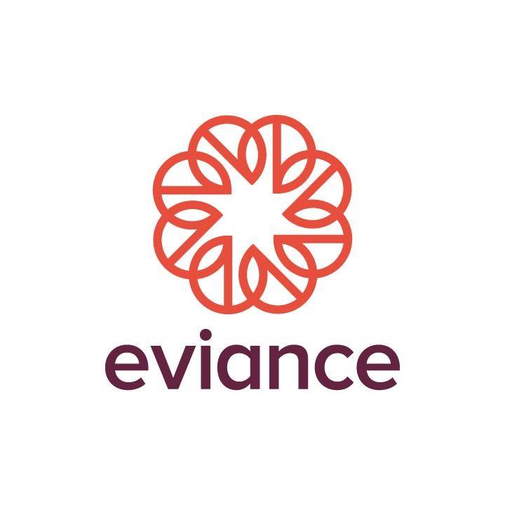 A swirly red shape with the text Eviance underneath