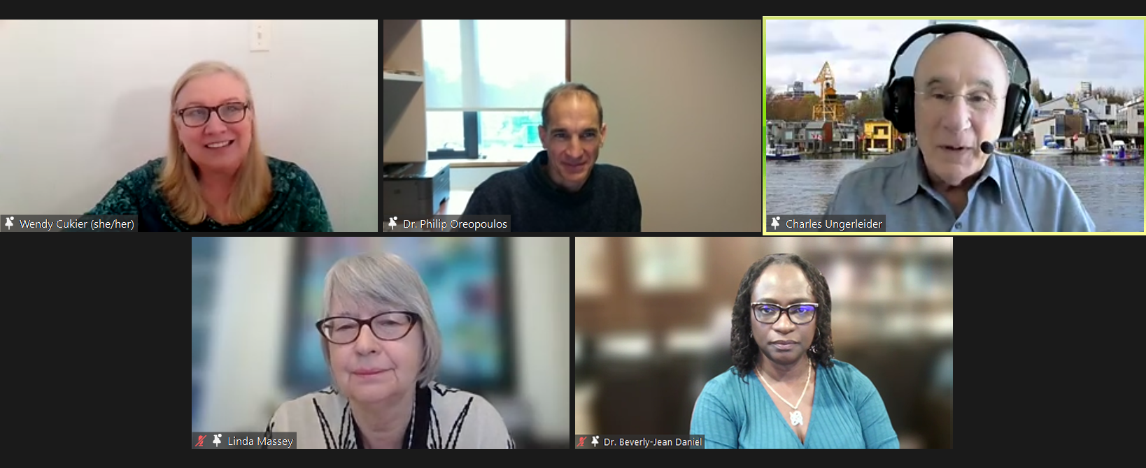 A screenshot of panel speakers Wendy Cukier, Philip Oreopoulos, Charles Ungerleider, Linda Massey, and Beverly-Jean Daniel on Zoom with Ungerleider speaking