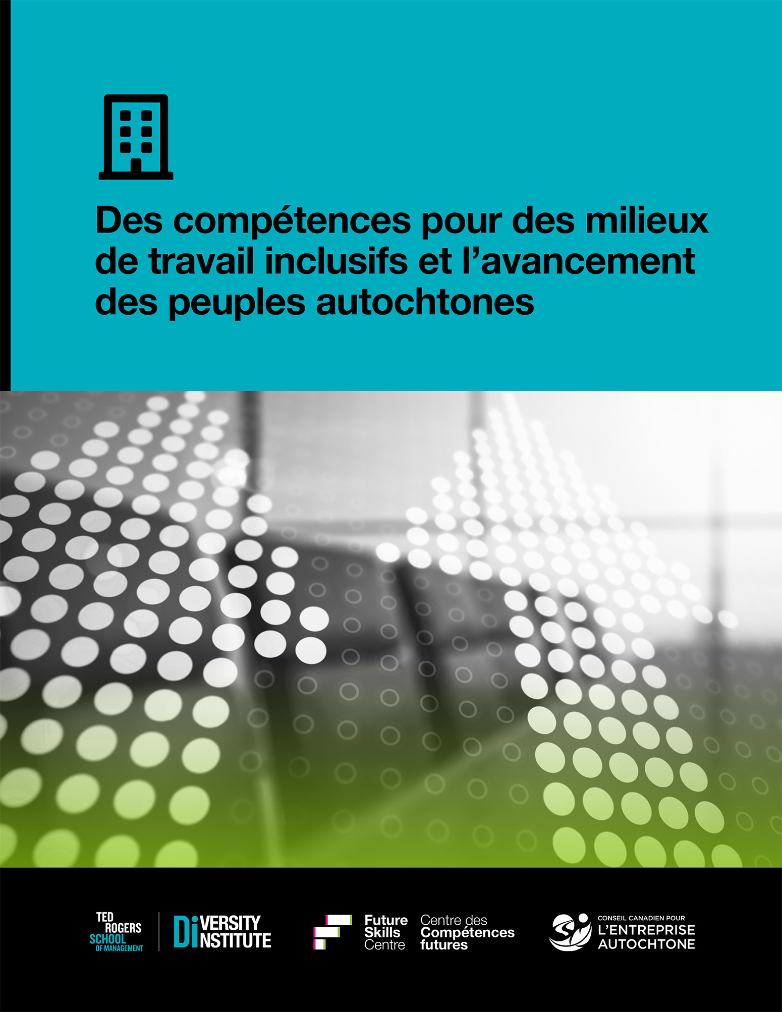 The cover of a report in French with upward arrows made up of dots.