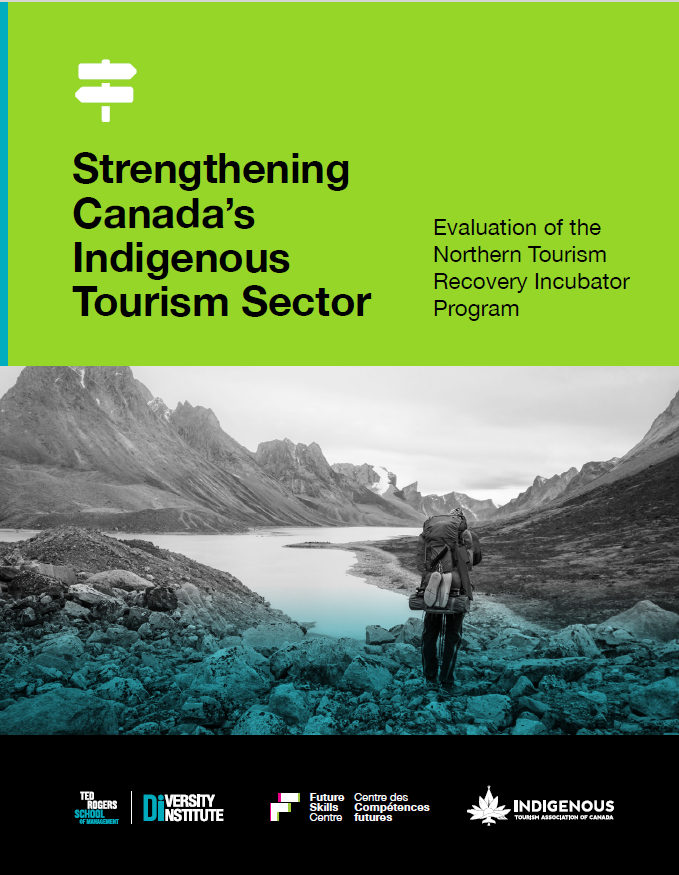 Cover page of the report on Strengthening Canada's Indigenous Tourism Sector, featuring an image of a backpacker walking by a lake.