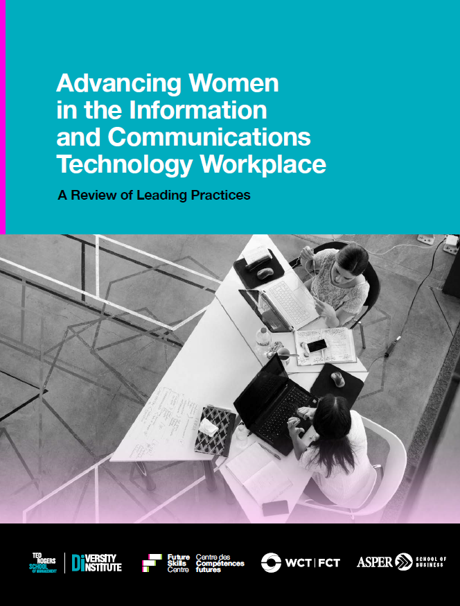 Cover page of the report, featuring an aerial image of two women working at a desk.