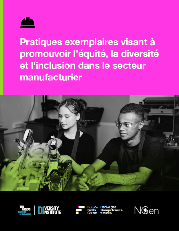 Couverture du rapport sur les meilleures pratiques pour promouvoir l'équité, la diversité et l'inclusion dans l'industrie manufacturière, représentant un homme et une femme travaillant avec des équipements de protection.