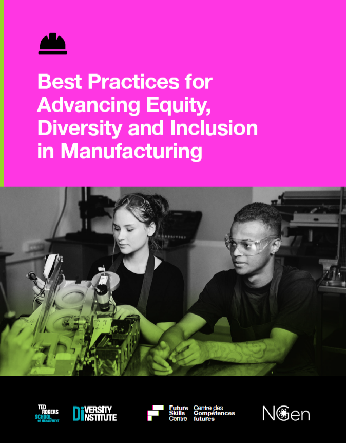 Cover of the report on best practices for advancing equity, diversity and inclusion in manufacturing featuring a man and a woman working with protective gear.