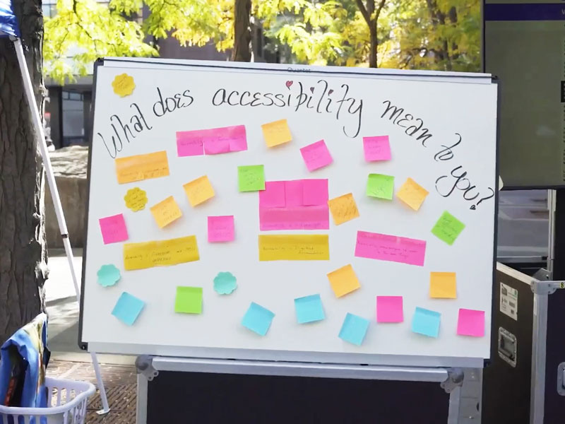 Still from the short film, Across the Universe-city. A whiteboard with sticky notes and the question "what does accessibility mean to you?"