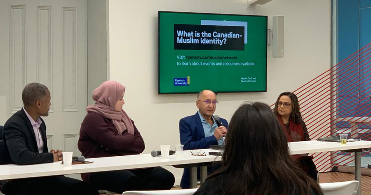 Community members, including Imam Yasin Dwyer, Dr. Anver Saloojee, and Dr. Amina Jamal on a panel speaking about the Canadian Muslim identity