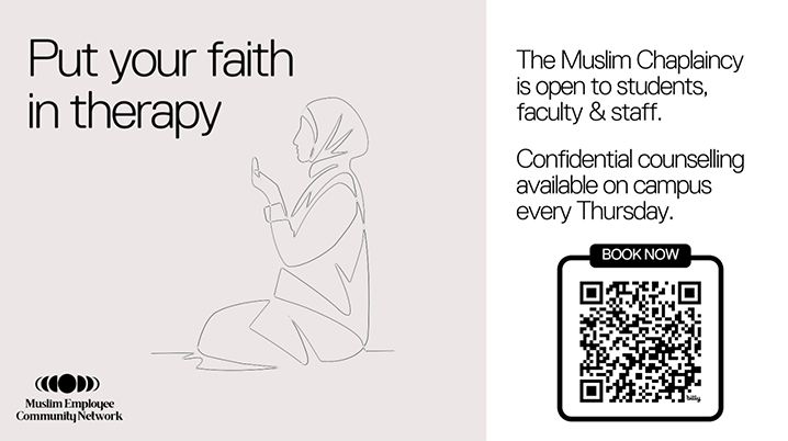 The front cover of the promotional materials for the Muslim Champlaincy. It pictures a person in a hijab praying, and the headline "Put your faith in therapy".