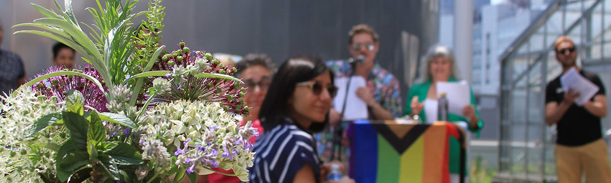 Someone standing at a podium with a pride flag talking to an audience outdoors