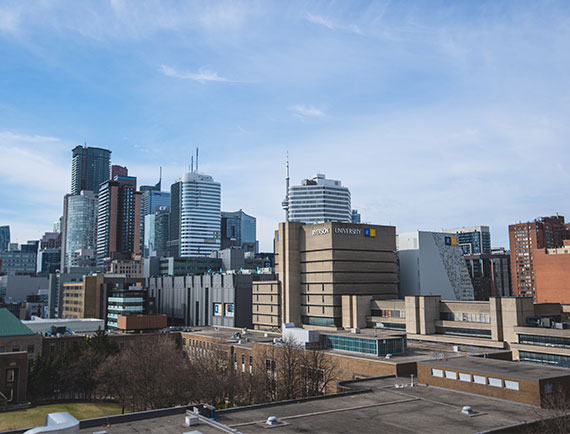 A wide shot of Ryerson's building across campus.