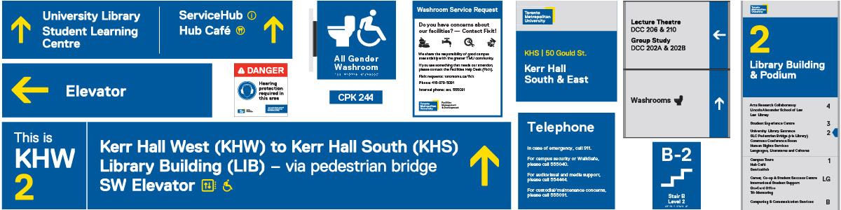 Examples of wayfinding, directories, room numbers and safety signage..