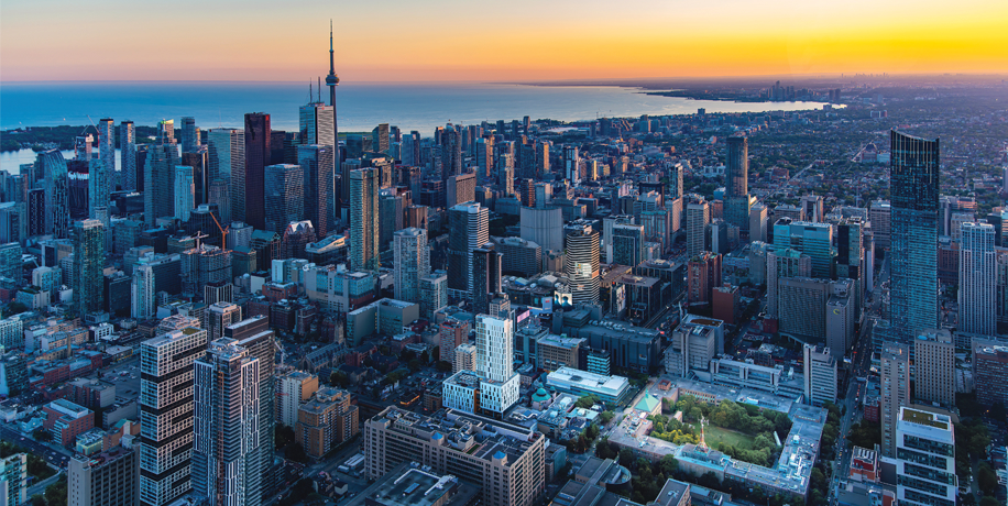 Toronto skyline at sunset with TMU campus in foreground