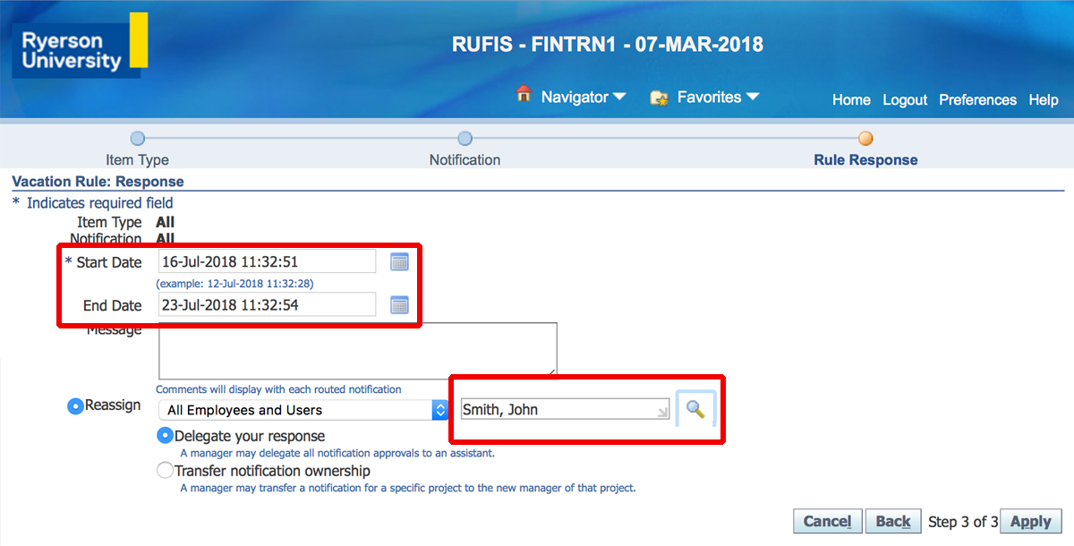 Screenshot showing the start date and end date fields and the reassign option.