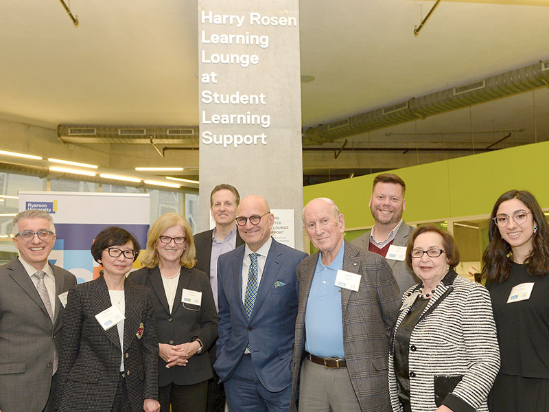 From left to right: Michael Benarroch, provost and vice-president, Academic, Janice Fukakusa, chair, Board of Governors, Susan Jackson, Mitch Frazer, vice-chair, Board of Governors, Larry Rosen, CEO, Harry Rosen Inc., Harry Rosen, John Austin, interim vice-provost, Students, Evelyn Rosen, Sonia Prancho