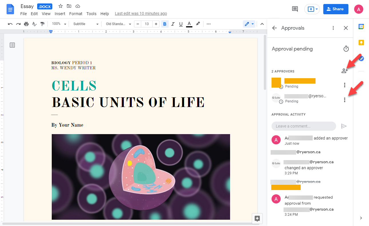 Requester's view of approvals sidebar with a pending approval in a Microsoft Word document in Google Docs. Highlighting the add reviewer icon and the menu icon.