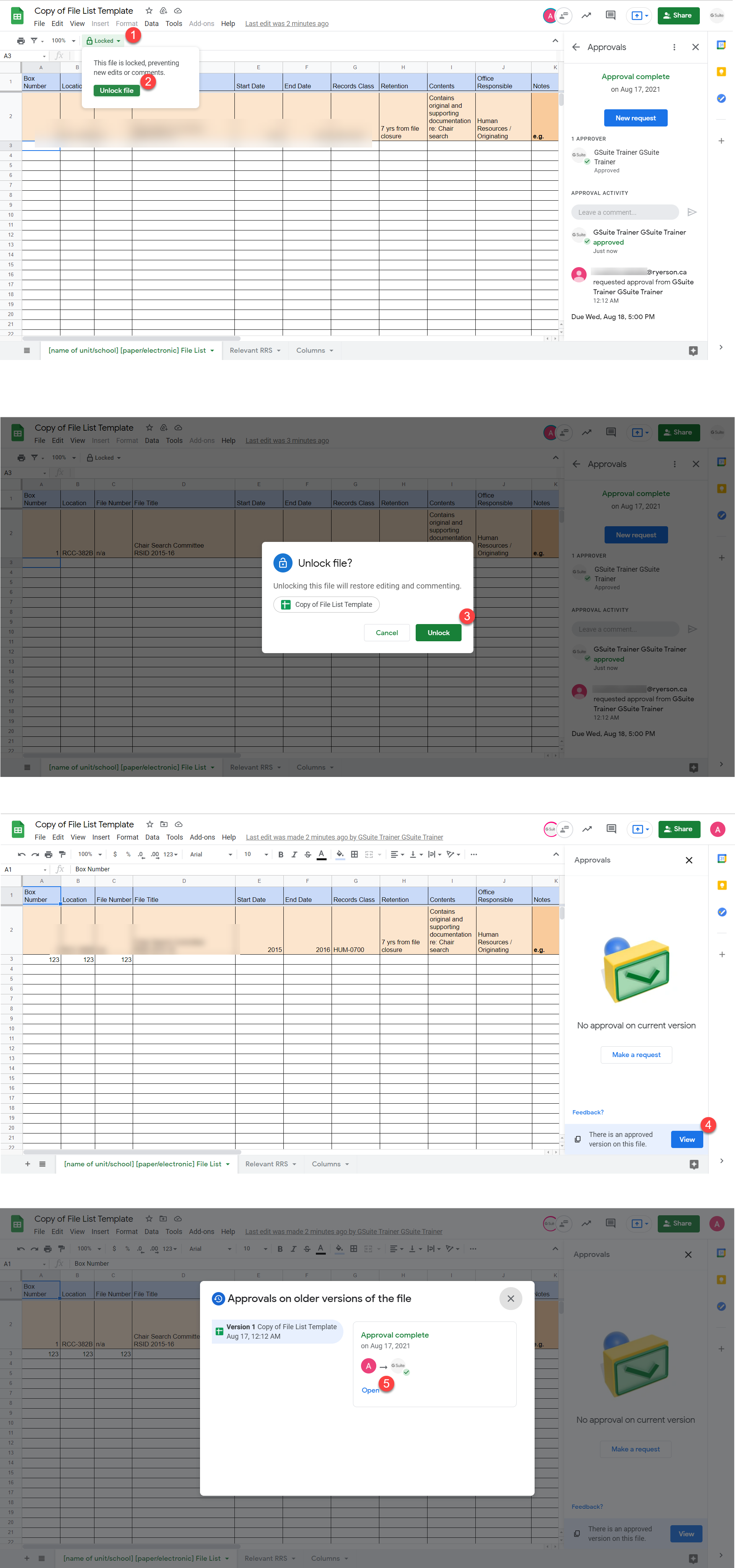 Screens show the steps to unlock a file that has a completed and reset approval process.