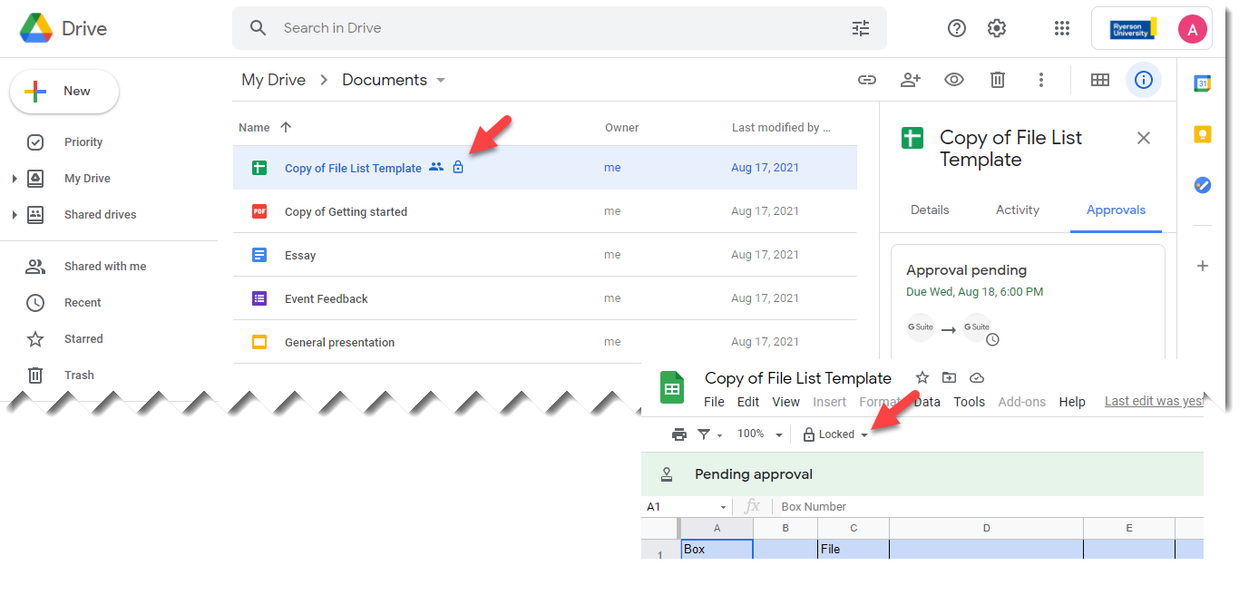 Highlighting locked icons and banner in Google Sheet showing a locked file in the approval workflow.