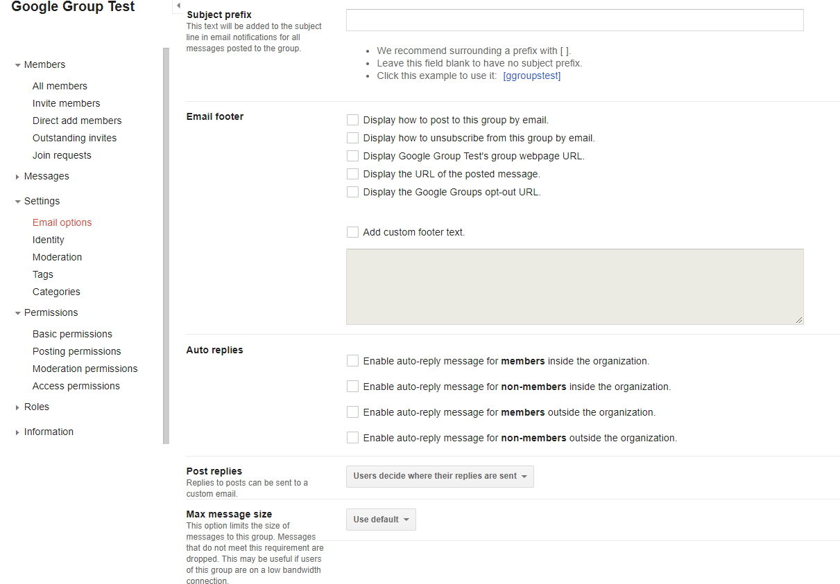 Google Group Footer email options