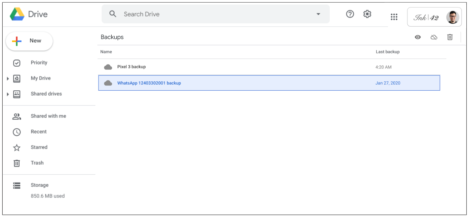 Backups section in Google Drive.