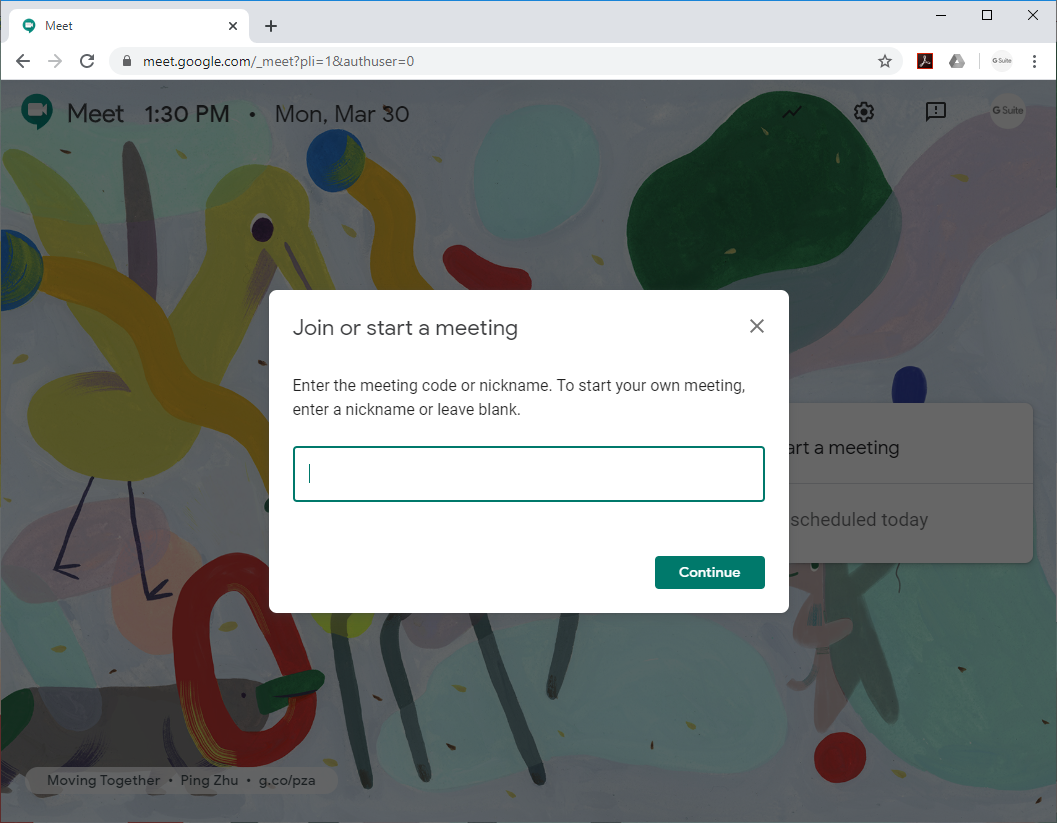 Creating a meeting at meet.google.com by entering a meeting nickname in the "Join or start a meeting” field.